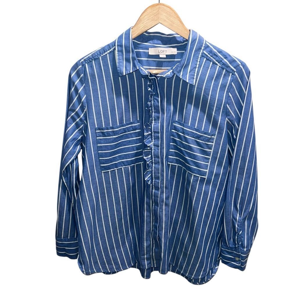LOFT Petite Blue White Striped Ruffle Button Front Shirt Size LP